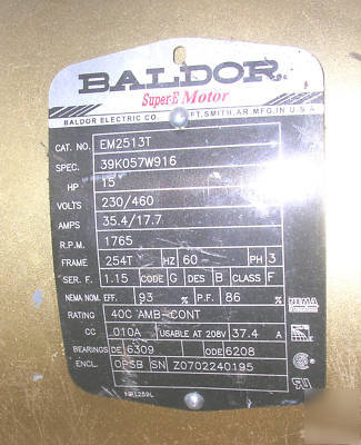New baldor EM2513T ac motor, 15HP, 3 phase, surplus 