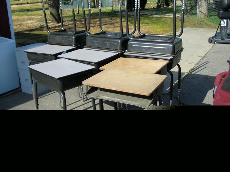 Student desks, file cabinets, display case tripod easel