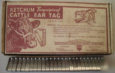 Vintage box of 100 ketchum tamperproof cattle ear tags