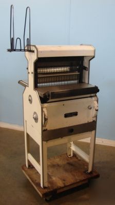 Oliver 777 bread slicer on cart with bag holder, 5/8