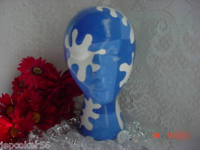 Ooak mannequin head blue & white hat wig display fun