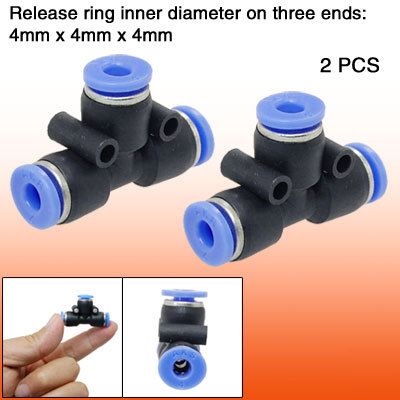 2 pcs 4MM tee-connector one touch quick push in fitting