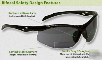 Bifocal safety glasses - grey poly lens +3.00 diopter