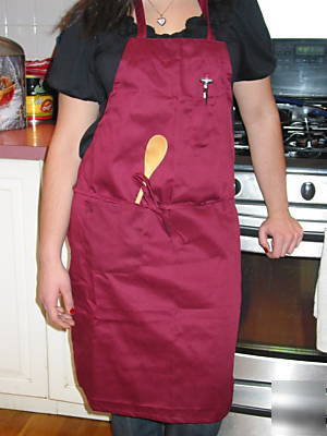 New restaurant bib apron full length 2 pockets-burgundy 