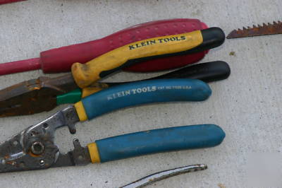 Assortment of electricians hand tools and tool bag