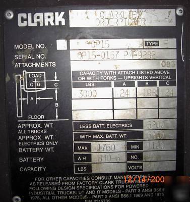 Clark model OP15, 3,000#, 24V electric order picker