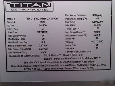 Titan 1.5 mbtu makeup air unit - excellent condition
