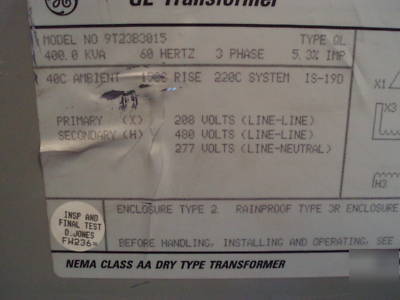 Ge 400 kva 3 phase step up transformer 208V to 480/277V