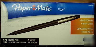New (12) paper mate flair fiber tip pens black - 1.1MM