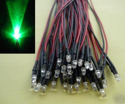 50 pcs 12 volt green 3MM leds pre wired lights 12V 20CM