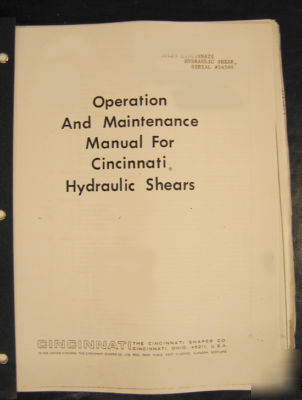 Cincinnati hydraulic shear manual, operation & maint.